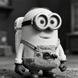 old creepy black and white photograph of a minion astronaut