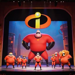 photo of a huge theaterstage, play is the incredibles, 3 actors on stage, 8 k, multicolored, exaggerated detailed, long shot