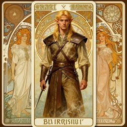 centered portrait, male D&D Elf Ranger, blonde hair, Art Nouveau, tarot card background, retro Fantasy hero 1985, intricate, elegant, highly detailed, centered, digital painting, trending on artstation, concept art, smooth, sharp focus, illustration, art by Mucha, Ilya Kuvshinov, WLOP