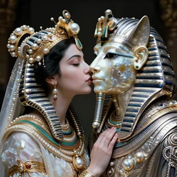hyperrealism, detailed textures, award winning autochrome photo, japanese pearl, beautiful animal pearl queen, kissing a egyptian animal pearl god, pearl silverplate, intricate, detailed facial pearl scary animal mask, pearl, golden jewelery, silverplate, ultra realistic, cinematic, intricate, cinematic light by steve mccurry, unreal engine 8 k