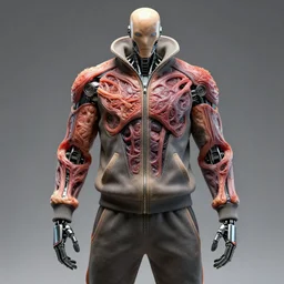 intricate detailed robot wearing a tracksuit made of human flesh
