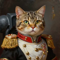 an oil painting of a cat as an Imperial officier from the Warhammer 40k,sparkly cat eyes, glorious, cinematic, realistic lighting, masterpiece, smooth, Warhammer 40k, military
