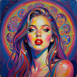 impasto pop - art oil painting portrait of a young woman, ecstacy, intricate, illumination, fibonacci fractals, rule of thirds, vaporwave, vibrant colours