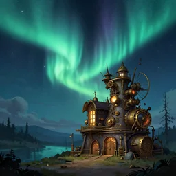 sky with northern lights, illustration, best of artstation, steampunk style