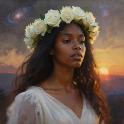 oil painting close up portrait of a contemplative young black woman with long flowing hair in a white dress, wearing a crown of white roses!! surrounded by galaxies at sunset, hazy, digital art, chiaroscuro, artstation, cinematic, golden hour, concept art, digital art painting by greg rutkowski, william - adolphe bouguereau, hazy atmosphere, cinematic lighting, flowers
