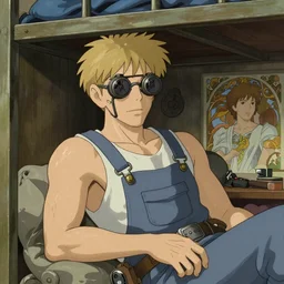 portrait of a mechanic resting in her cramped bunk, blonde, tank top, overalls, steampunk, face illustrated by ilya kuvshinov, highly detailed, cel shading, digital painting, anime key visual, body and background by hayao miyazaki and alphonse mucha