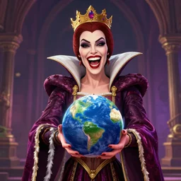 manically laughing evil queen of england holding the world in her hands, in gta v, stephen bliss, unreal engine, fantasy art by greg rutkowski