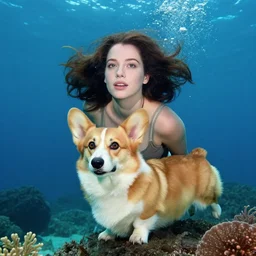 a beautiful woman dressed as a corgie under the sea, by Annie leboivitz