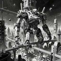 giant dimantled disassembled cyborgs and biological androids with wires on bridges and pipes, through a huge cybernetic megastructure multi - level metropolis in space, black and white, by nihei tsutomu