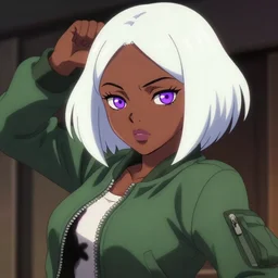 anime poster film still portrait, young black woman, black black black woman, purple colored eyes, purple colored eyes, white french bob, green colored bomber jacket, detailed facial features, dynamic pose,, rimlight, cel shaded, 4 k
