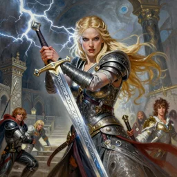 A mixed media painting of the beautiful blonde viking goddess of war with a sword of lightning, very aesthetic, detailed face, by Frank Frazetta, Greg Rutkowski, Boris Vallejo, Beeple, Christian MacNevin, epic fantasy character art, goddess of anger, viking runes, elven, high fantasy, CGsociety, full length, exquisite detail, post-processing, low angle, nier automata, masterpiece, cinematic, odin's stone arena background