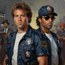an oil painting portrait of crockett and tubbs, eighties miami vice, ultra realistic, highly detailed, masterpiece, cinematic by frank frazetta, greg rutkowski, beeple, yoko taro, christian macnevin, beeple, wlop, krenz cushart, epic fantasy character art, volumetric lighting, cgsociety