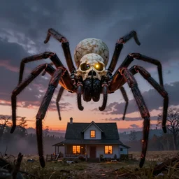 giant skull spider with bright glowing eyes hovering over a farm house at dusk, halloween, pc boxart