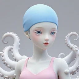 full head and shoulders, beautiful porcelain female person, smooth, delicate facial features, big detailed eyes, white lashes, wearing a pale blue swimming cap and pale pink swimming costume, 3 d white large octopus tentacles by daniel arsham and james jean