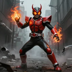character portrait of a demonic monster kamen rider with a demon helmet and fire eyes doing a henshin pose standing in a misty city street, wielding fire, monster made out of fire, matte painting, dramatic lighting, 8 k, rubber suit, digital painting, concept art, muted colors, red colors, moody colors, broken pipes, in the style of frank frazetta