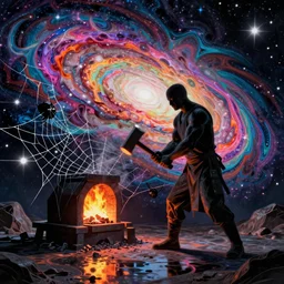 a galaxy exploding, psychedelic colors, a blacksmith swinging his hammer at his forge, realistic reflections, body building blacksmith, stars, psychedelic patterns, fractal, rippling fabric of reality, the spider that weaves the web of time, sharpen lines, bold linework