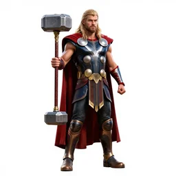 mysterious thor with hammer, detailed 3d character render, full body, standing, isolated on a pure white background, centered, whole figure in frame, sharp focus, studio lighting