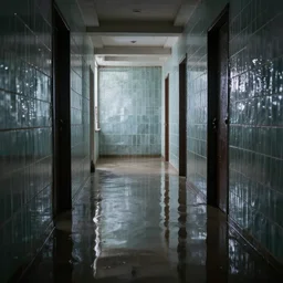 flooded glass tile hallway, dark, liminal,