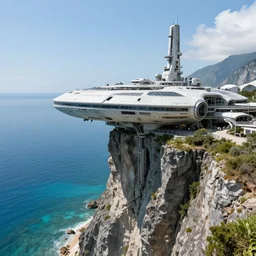 big scifi military base perched on a cliff overlooking a magnificient bay by jama jurabaev and pablo carpio, color photo, photo award winning, wildlife photographer of the year, phm grant, by lewis hine, by michael kenna, 8 k, photo film