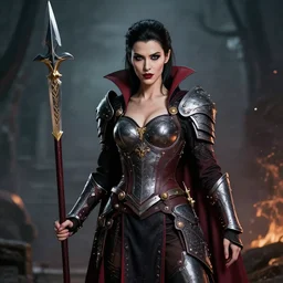 long shot photo of a female vampire warrior with weapons
