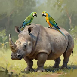 cross between parrot and rhinoceros, digital art, oil painting victo ngai