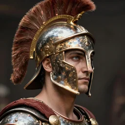close - up portrait athenian warrior with helmet and armor, art by steve mccurry