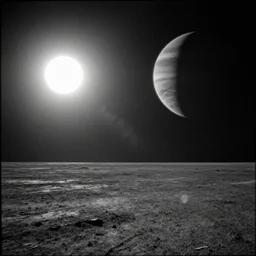 photo taken from the surface a barren alien planet, two suns and a gas giant planet in the sky, black and white spielberg 3 5 mm film cinematic 4 k