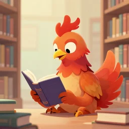 a phoenix reading a book in a library cartoon digital artwork
