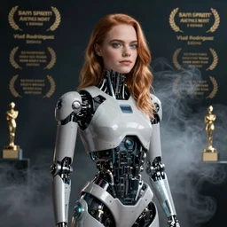 Emma Stone as a human robot, cyberpunk, surrounded by smoke, award-winning art, hyperrealistic, by Sam Spratt, by Vlad Rodriguez, trending on Artstation, dark, dramatic, cinematic, realistic studio lighting, raytracing, 4k, professional, canon