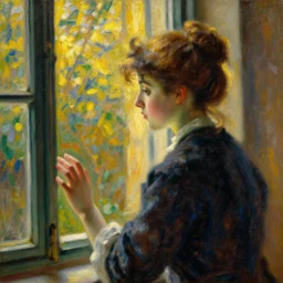 a girl looking through the window, impressionism, oil on canvas, golden hour, rich colors, intimate, natural light, masterpiece, detailed, by gustave caillebotte