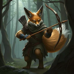 a medieval anthropomorphic werefox archer with a fluffy tail in the forest as a dnd character, trending on artstation, cgsociety