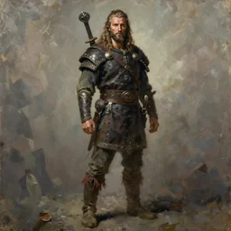 a full body fantasy portrait oil painting illustration of a single rugged stoic barbarian man by Justin Sweet and Greg Rutkowski and Alphonse Mucha with face and body clearly visible, visible pupils, d&d, rpg, forgotten realms, artstation trending, high quality, sombre mood, artstation trending, muted colours, no crop, entire character!,