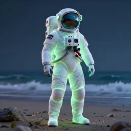 glowwave astonaut in the beach, ( ( ( au naturel, hyper detailed, digital art, trending in artstation, cinematic lighting, studio quality, smooth render, hightly detailed, unreal engine 5 rendered, raytracing, octane rendered, art style by klimt and nixeu and ian sprigger and wlop and krenz cushart. ) ) )