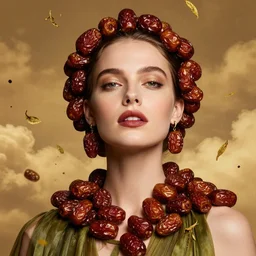 epic portrait of beautiful female face supermodel portrait wearing sweet dried dates fruits, olive dress, golden tea leaves flying in sky by amy leibowitz, wlop, jeremy lipkin, beeple, intricate, artgerm, ilya kuvshinov, golden clouds background