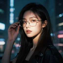 portrait of a beautiful girl, cyberpunk, intimate, high quality, assurance purposes, city, beautiful face, glasses, spotlight,, passionate, by greg rutkowski, by jeremy mann, by francoise nielly,, 4 k, 8 k, correct body proportion