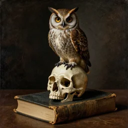 owl sitting on a skull on top of a book old style gothic painting