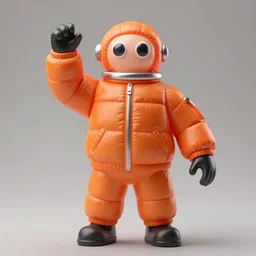 still figurine of a tall giant inflated space man action figure wearing over sized orange puffy bomber jacket, two googly eyes, small head, personification, dynamic pose, detailed product photo, tone mapped, beautiful composition, 8 5 mm, f 5. 8, soft lighting