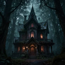 the scariest witches house in the scariest dark forest, epic scene, dark, scary, horror, frightening, fantasy, cinematic, redshift render, cgi, hyper - detailed, photo - bash, 8 k post - production, masterpiece