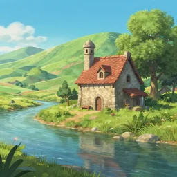 a serene landscape with a small medieval stone house near a river in the style of Pixar, anime style, low saturation, high quality, highly detailed, 4k, complementary colours, cartoon