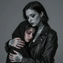Hot young woman, grey skin, void eyeballs, tattoos, wearing a leather jacket, hugging a shrouded person as they cry on her chest, comforting, touching, wholesome, art, big sister, little brother, 4k