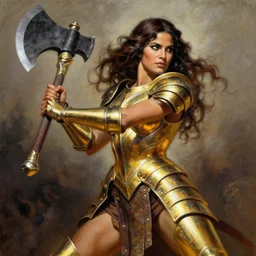 a frank frazetta oil painting of a beautiful muscular salma hayek wearing gold armor holding a large battle axe, dynamic shot, hd 4 k, intricate, highly detailed, atmospheric, sharp
