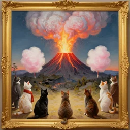 painting of cat villagers witnessing a volcano erupting cotton!!!! candy!!!!, by justin cheung, by greg hildebrandt, by wlop, charlie bowater, golden ratio, symmetric, elegant, ornate, luxury, elite, matte painting, cinematic, trending on artstation, deviantart, 8 k, high resolution, by eddie mendoza, by peter mohrbacher