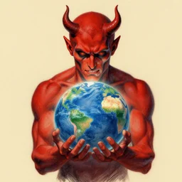 a realistic drawing of the devil holding the world in his hands