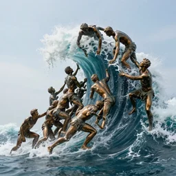 a massive sculpture of desperate bronze people climbing a giant wave on the ocean water, in the style of jeff koons and michelangelo, inspired by the greatest sculptors, cinematic, hyper - realistic, very detailed, realistic water splashes, ray tracing, 8 k resolution, long - shot, sharp focus, low angle, 8 5 mm photograph, wide lens