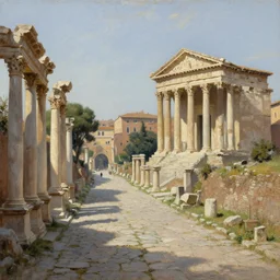 a ancient roman city street with a roman temple, high detail oil painting landscape