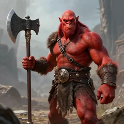 a red - skinned orc holding a large battleaxe