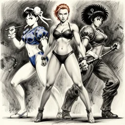 most strongest pose, scarlett johansson as baki with perfect symmetrical anatomical proportions, chun li, battle angel manga, afro samurai animes style, by greg rutkowski, pencil and ink, dramatic lighting, full body dramatic profile