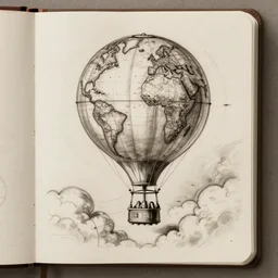 “an old engineering sketch in a notebook, of a hot air balloon flying between clouds, the balloon fabric is made of a round spherical world map of the earth. sepia”