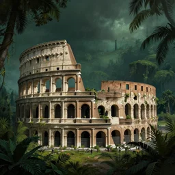 An epic matte painting of a lightly overgrown coloseum in the jungle, dark, mysterious, by Greg Rutkowski and Raphael Lacoste, intricate, gorgeous, tropical, stunning, 4k resolution, featured on artstation, f16