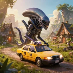 xenomorph taxi car in a fantasy village, calming, uplifting mood, ultra realistic, farm, funny, small buildings, highly detailed, epic lighting, illuminated, cinematic, morning, art by eddie mendoza